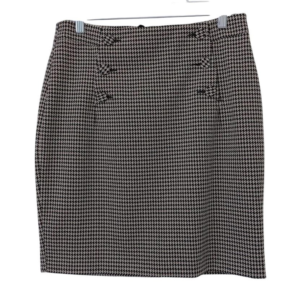 H&M Skirt Womens 8 Black White Houndstooth Pencil‎ Lined Button Front Career